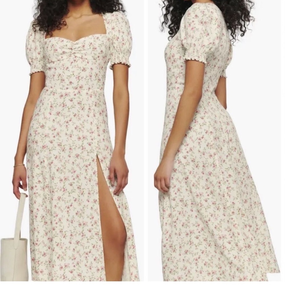 Reformation Cream Maxi Dress with Puff Sleeves and Slit